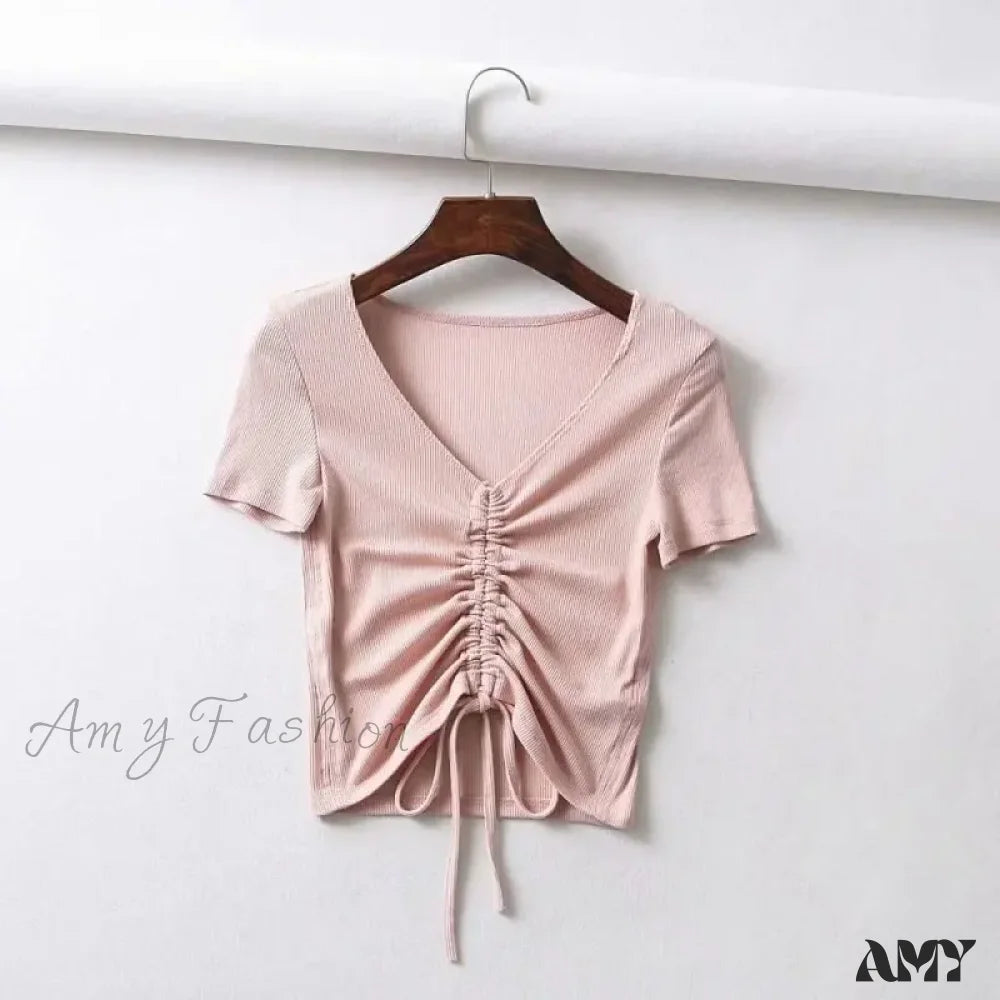 Amy - Sexy V Neck Drawstring Tie Up Front Camis Crop Top