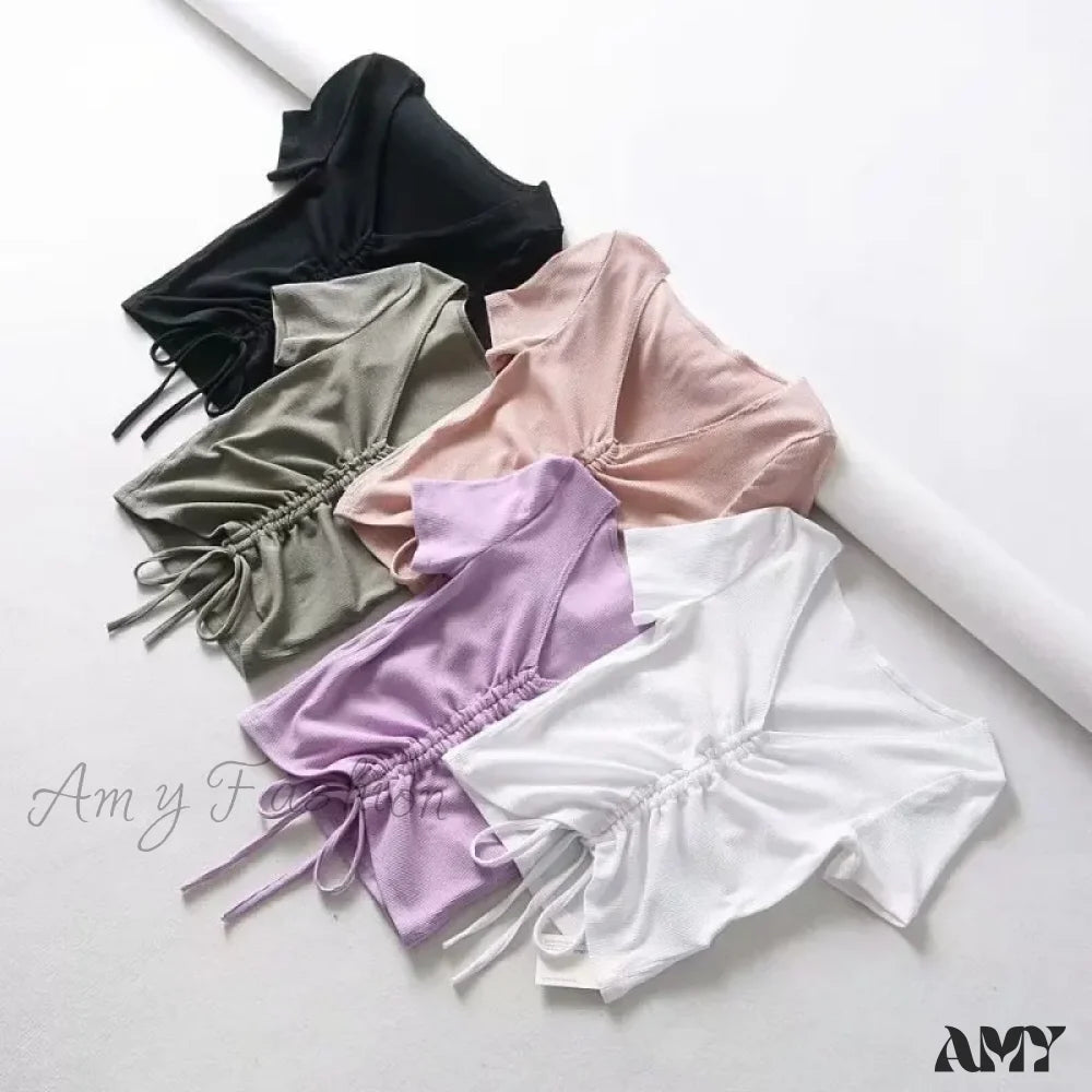 Amy - Sexy V Neck Drawstring Tie Up Front Camis Crop Top