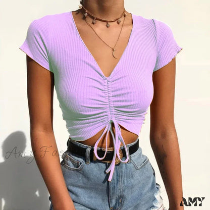 Amy - Sexy V Neck Drawstring Tie Up Front Camis Crop Top