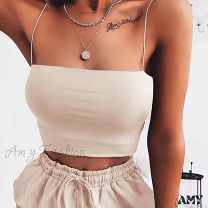 Amy - Sleeveless Spaghetti Strap Bodycon Sexy Basic Plain Camisole Crop Top