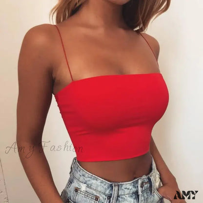 Amy - Sleeveless Spaghetti Strap Bodycon Sexy Basic Plain Camisole Crop Top