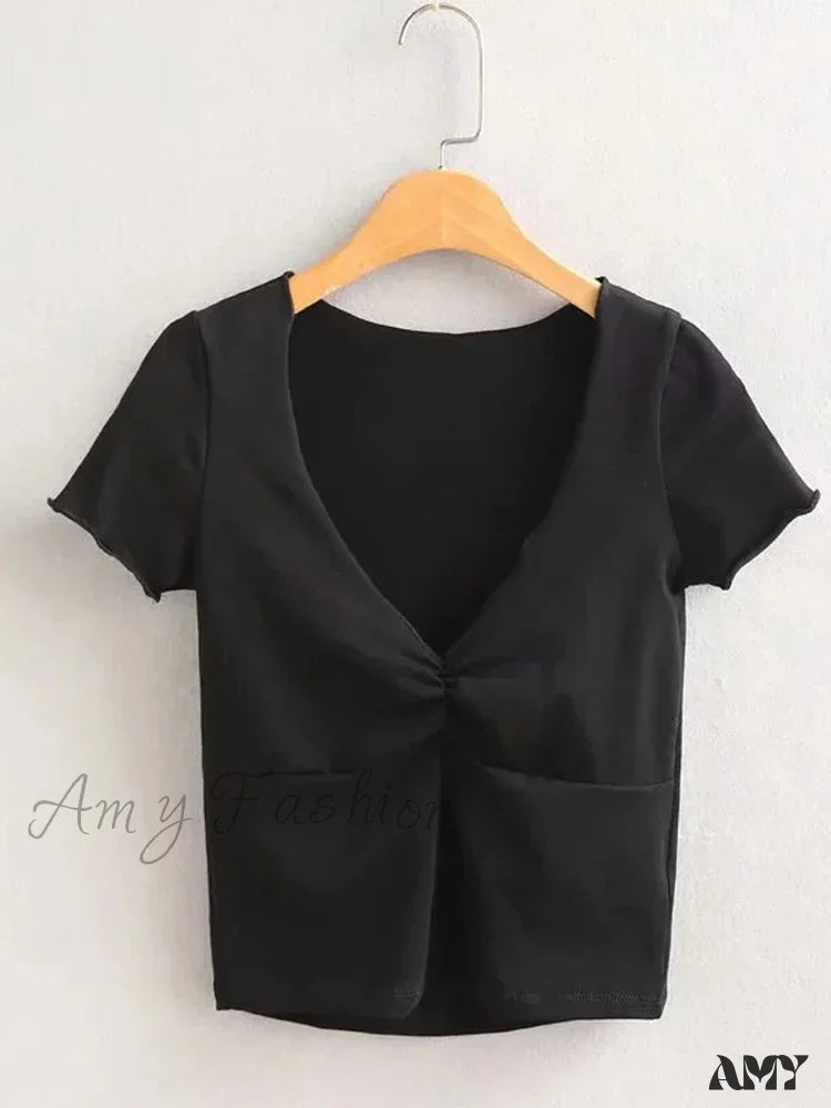 Amy - Soft Stretchy Fitted V-Neck Tee Seam Bust Crop Top