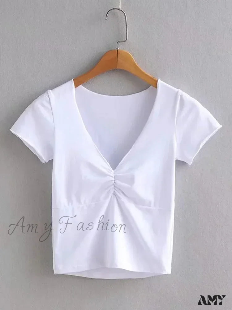 Amy - Soft Stretchy Fitted V-Neck Tee Seam Bust Crop Top