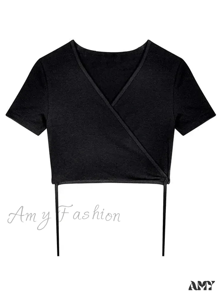 Amy - Solid V-Neck Sexy Harajuku Korean Street T-Shirts Crop Top