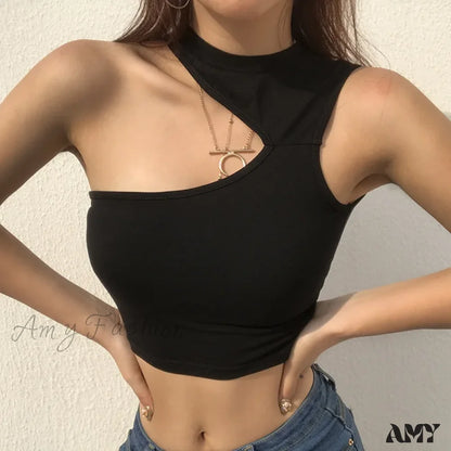 Amy - Summer Sleeveless Slim Black Tanks Crop Top