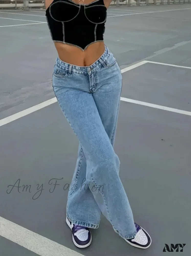 Ankle Length Wide Leg Washed High Waist Denim Solid Pockets Zipper Fly Casual Loose Jean Blue / Xs