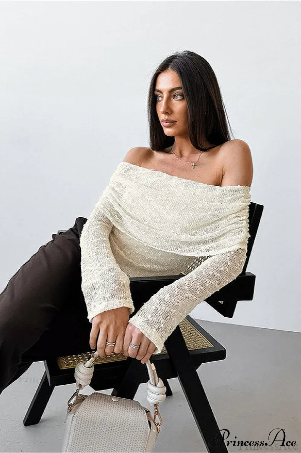 Apricot Off Shoulder Lace Knit Long Sleeve Tee