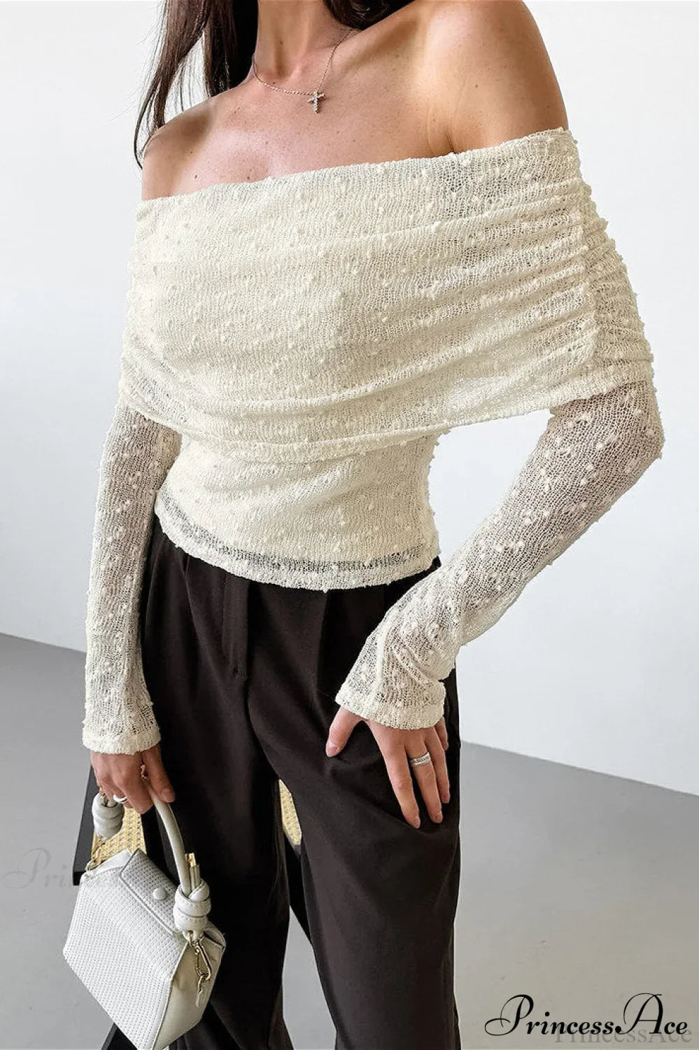 Apricot Off Shoulder Lace Knit Long Sleeve Tee Apricot / S