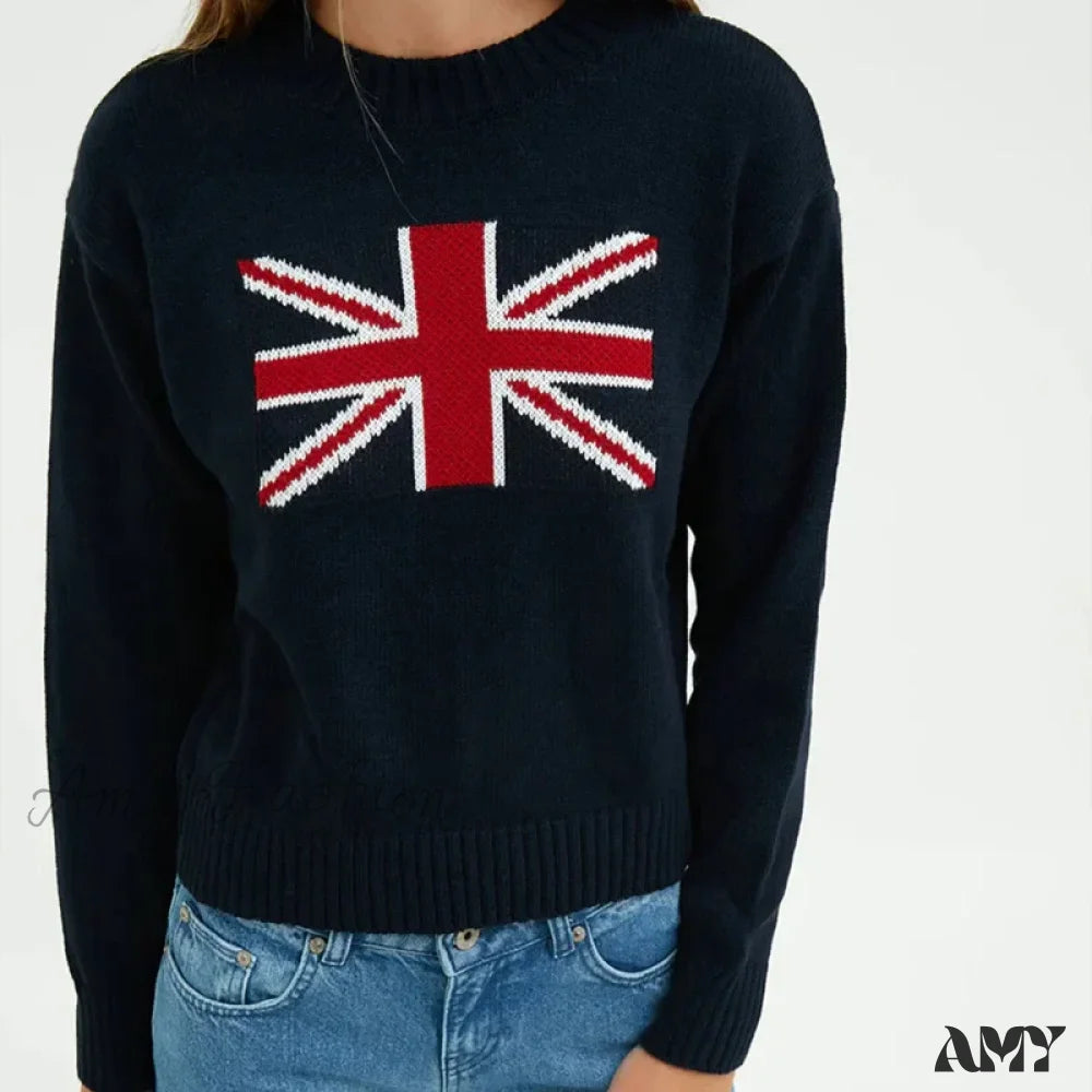 Art Y2K Harajuku Flag Pattern Round Neck Warm Regular Sweater Dark Blue / M