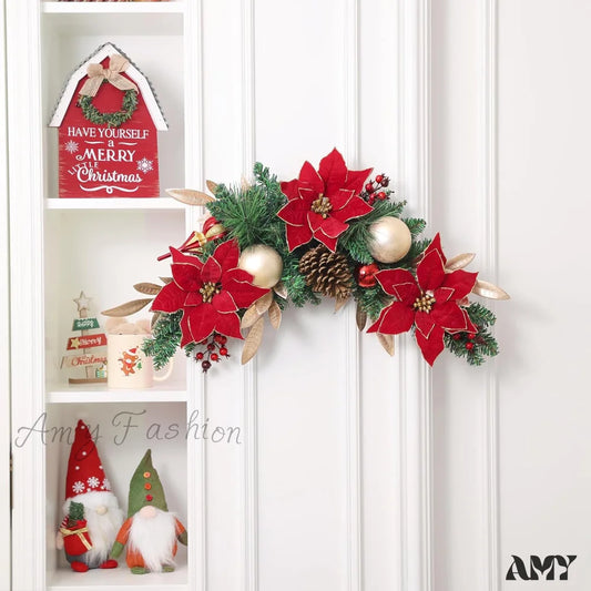 Artificial Red Poinsettia With Pine Cones And Berries - Christmas Swag For Front Door