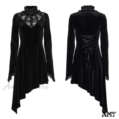 Asymmetric Hem Dense Velvet Lace Metal Adjustable Waist Back Cord Gothic Dress