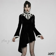 Asymmetric Hem Dense Velvet Lace Metal Adjustable Waist Back Cord Gothic Dress Black / S