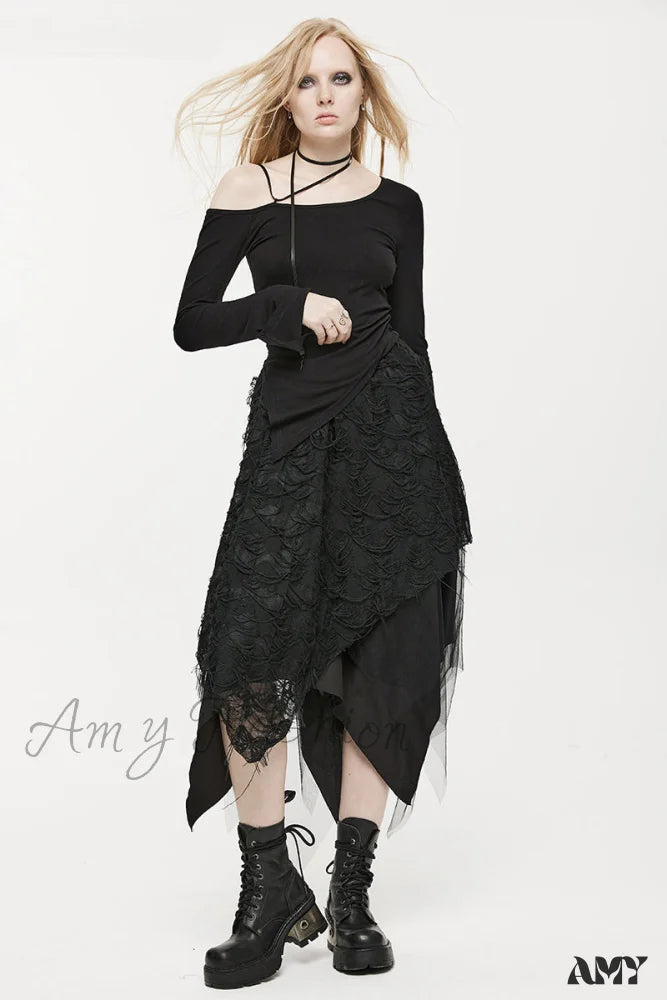 Asymmetrical And Women’s Burnt Dry Style Black Tattered Skirt Butterfly Half Mesh Fashion Black /