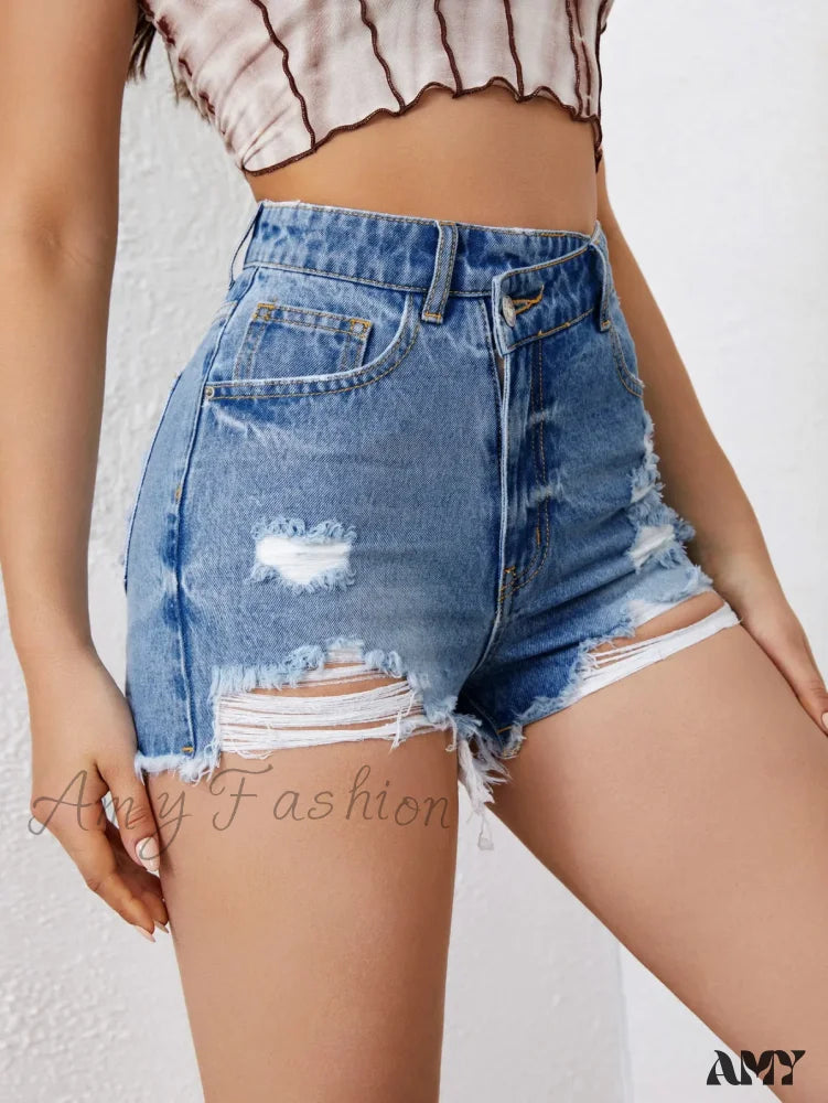 Asymmetrical High Ripped Distressed Frayed Raw Hem Short
