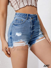 Asymmetrical High Ripped Distressed Frayed Raw Hem Short