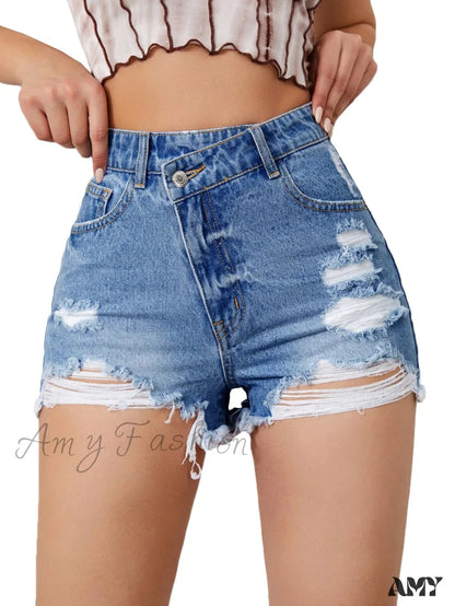 Asymmetrical High Ripped Distressed Frayed Raw Hem Short Blue / Xs