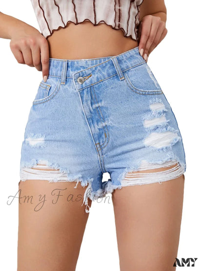 Asymmetrical High Ripped Distressed Frayed Raw Hem Short Sky Blue / Xs