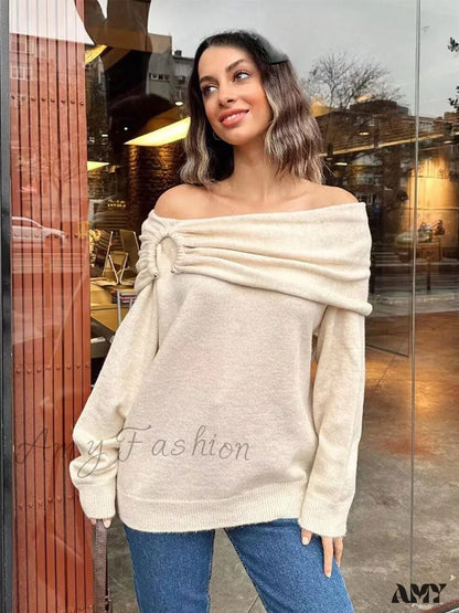 Autumn Fashion Women’s Tops Dark Gray Pleated Decoration Off Shoulders Long Sleeves Casual Cozy