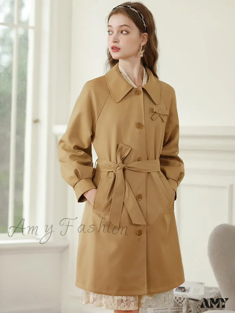 Autumn Khaki England Style Retro Mid-Length Turn-Down Collar Solid Coat