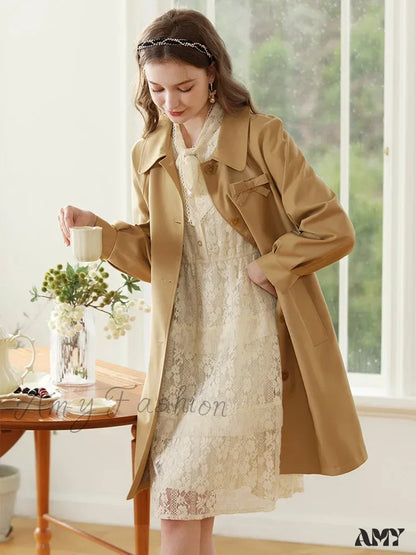 Autumn Khaki England Style Retro Mid-Length Turn-Down Collar Solid Coat