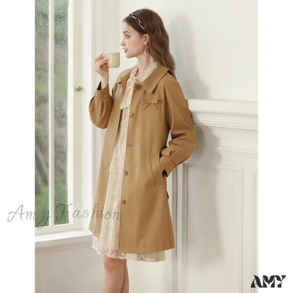 Autumn Khaki England Style Retro Mid-Length Turn-Down Collar Solid Coat Khkai / M