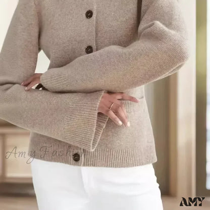 Autumn Knit Black Flare Sleeve Elegant Casual Winter Warm Sweater Khaki / Xs