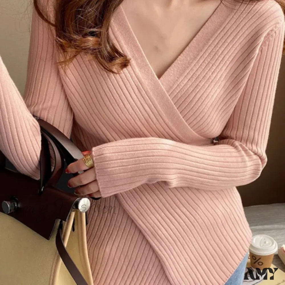 Autumn Knitted Base Solid Color V-Neck Tight Elastic Sexy Sweater