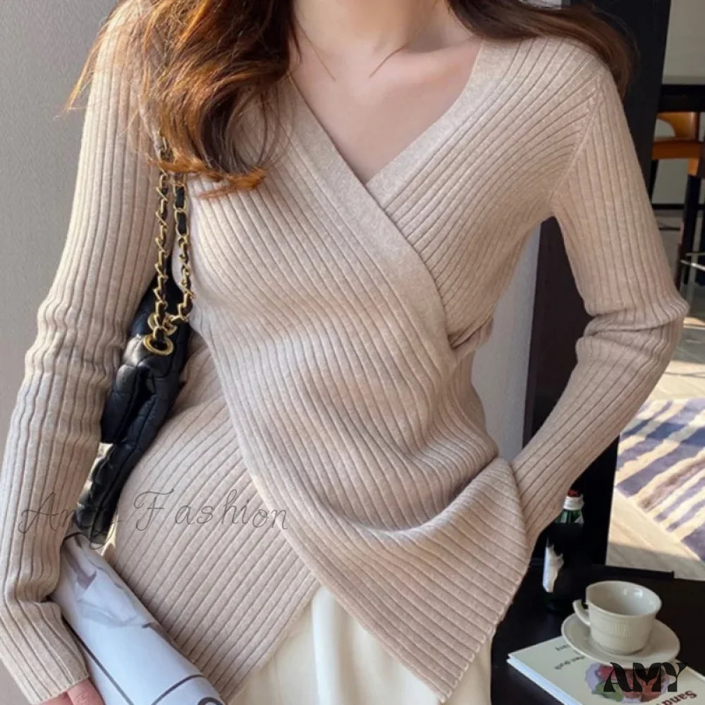 Autumn Knitted Base Solid Color V-Neck Tight Elastic Sexy Sweater Beige / One Size
