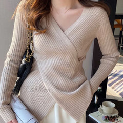 Autumn Knitted Base Solid Color V-Neck Tight Elastic Sexy Sweater Beige / One Size