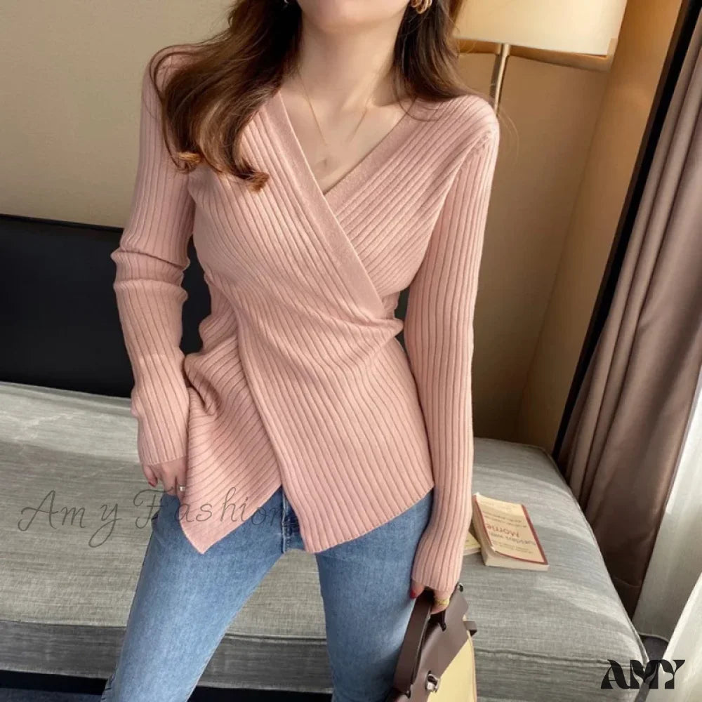 Autumn Knitted Base Solid Color V-Neck Tight Elastic Sexy Sweater Pink / One Size