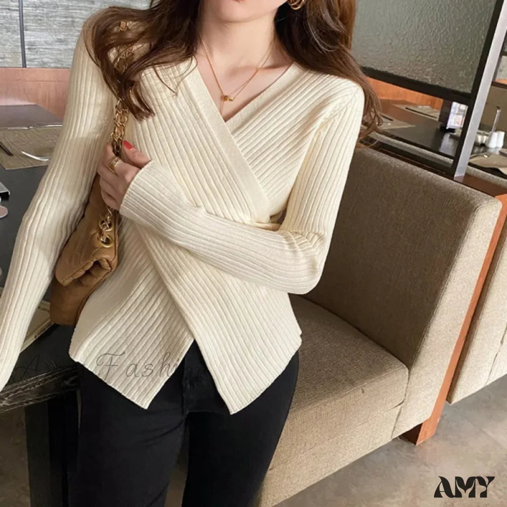 Autumn Knitted Base Solid Color V-Neck Tight Elastic Sexy Sweater White / One Size