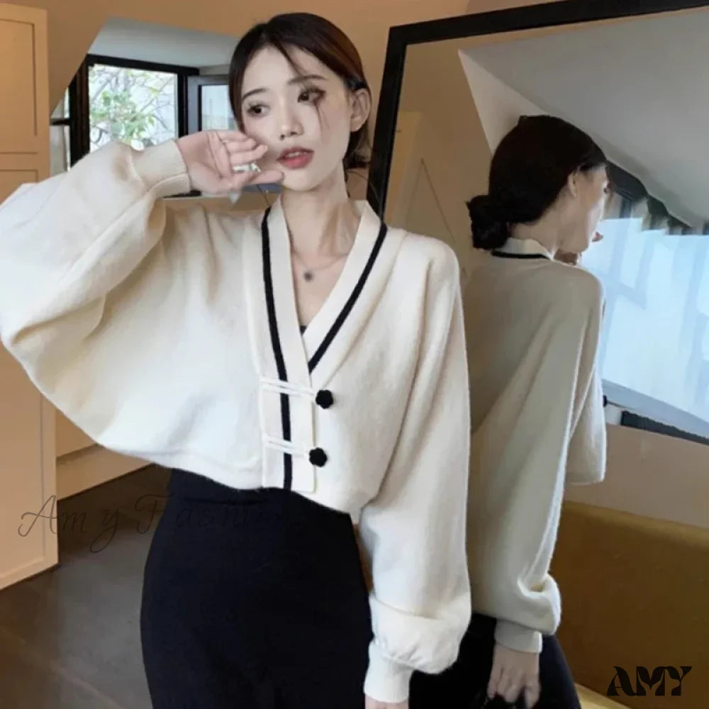 Autumn V-Neck Color Matching Loose Casual Gentle Style Sweater