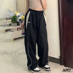 Autumn Vintage Drawstring Sport Style Mid Waist Pants Black / M