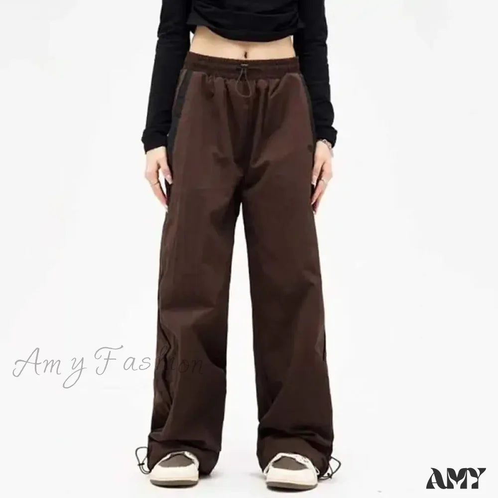 Autumn Vintage Drawstring Sport Style Mid Waist Pants Dark Brown / M