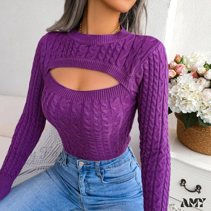 Autumn Winter 2024 Sexy Hollow Fashion Fried Dough Twists Sweater Purple / S