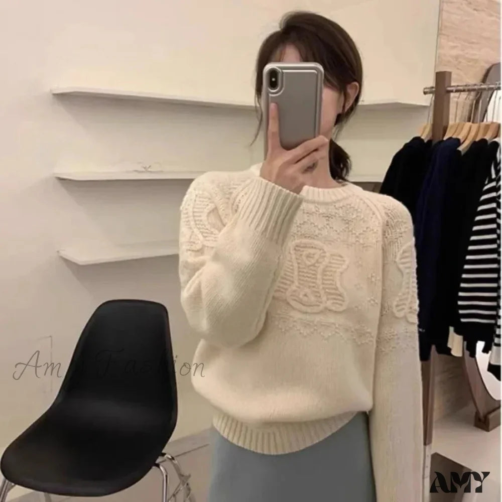 Autumn Winter 3D Knitted High-End Loose-Fit Pullover Sensibility Sweater Beige / S