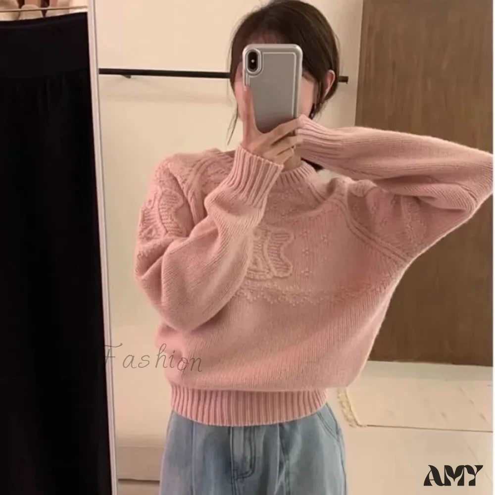 Autumn Winter 3D Knitted High-End Loose-Fit Pullover Sensibility Sweater Pink / S