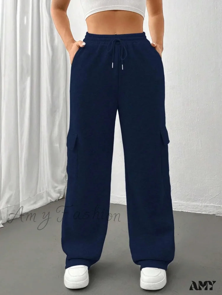 Autumn Winter Fashionable Side Pocket Versatile Sports Pants Blue / S