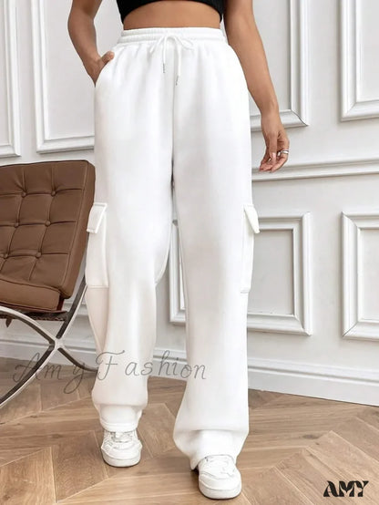 Autumn Winter Fashionable Side Pocket Versatile Sports Pants White / S