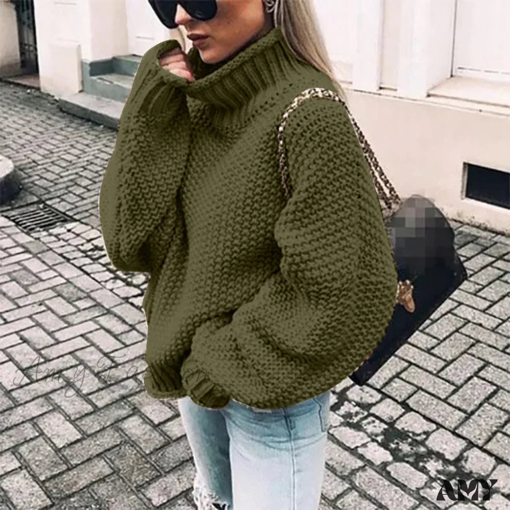 Autumn Winter Knit Solid Oversize Hip Hop Unisex Retro Sweater Army Green / S