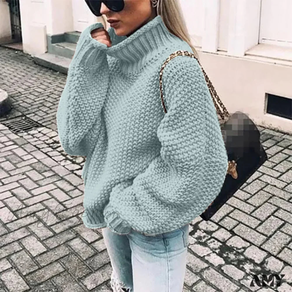 Autumn Winter Knit Solid Oversize Hip Hop Unisex Retro Sweater Light Blue / S