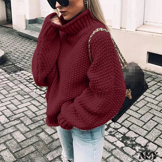 Autumn Winter Knit Solid Oversize Hip Hop Unisex Retro Sweater Red / S