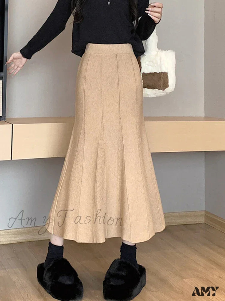 Autumn Winter Knitted Long Korean Fashion Temperament Elegant High Waist Solid Slim Black Fishtail