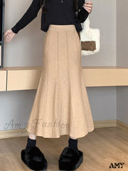 Autumn Winter Knitted Long Korean Fashion Temperament Elegant High Waist Solid Slim Black Fishtail