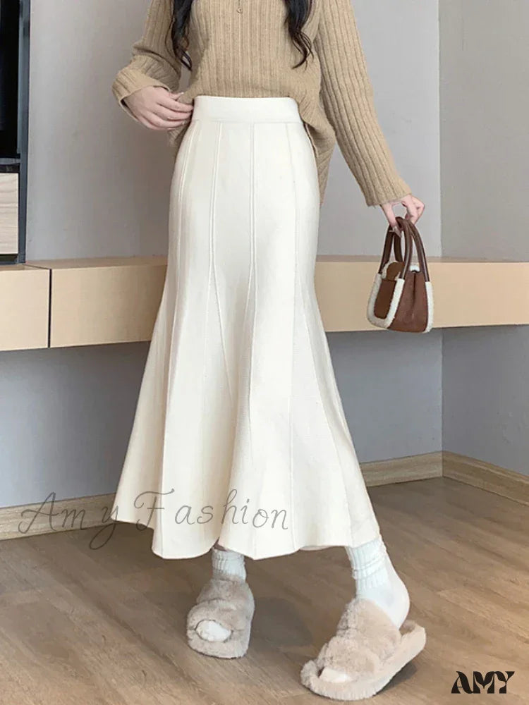 Autumn Winter Knitted Long Korean Fashion Temperament Elegant High Waist Solid Slim Black Fishtail