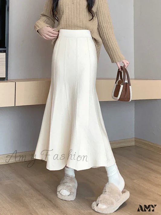 Autumn Winter Knitted Long Korean Fashion Temperament Elegant High Waist Solid Slim Black Fishtail