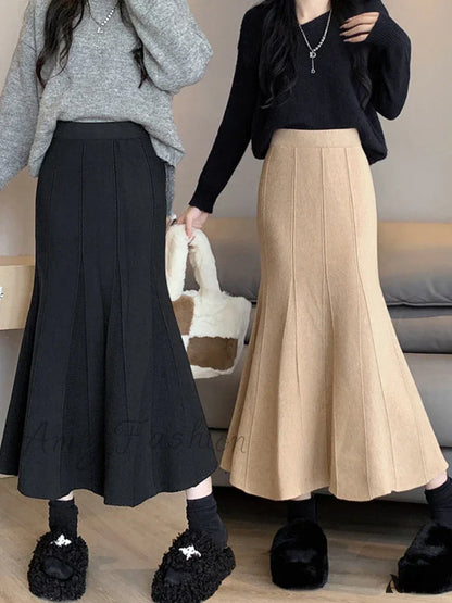 Autumn Winter Knitted Long Korean Fashion Temperament Elegant High Waist Solid Slim Black Fishtail