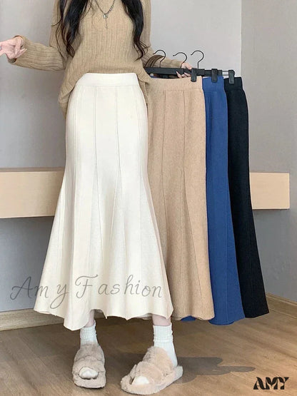 Autumn Winter Knitted Long Korean Fashion Temperament Elegant High Waist Solid Slim Black Fishtail