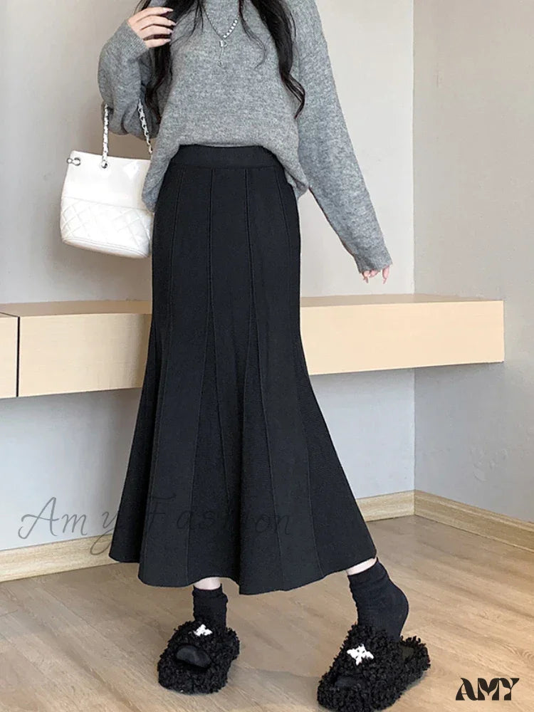 Autumn Winter Knitted Long Korean Fashion Temperament Elegant High Waist Solid Slim Black Fishtail