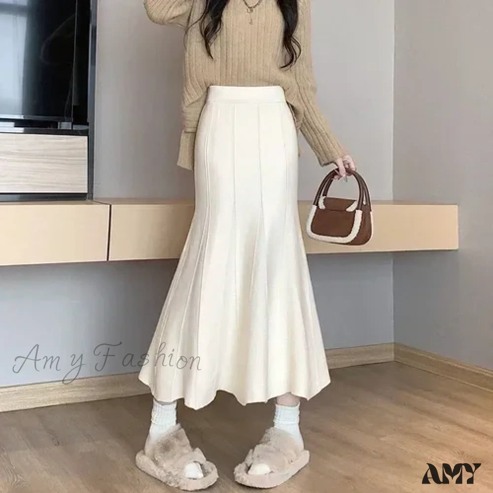 Autumn Winter Knitted Long Korean Fashion Temperament Elegant High Waist Solid Slim Black Fishtail